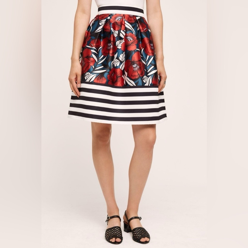 HD in Paris Red Floral & Black-White Stripe A-Line Skirt